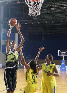 Unstoppable 6ft 9 inch centre Poonam Chaturvedi en route to her 53 point effort over hosts Chhattisgarh